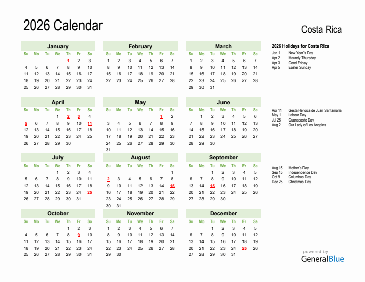 Holiday Calendar 2026 for Costa Rica (Sunday Start)