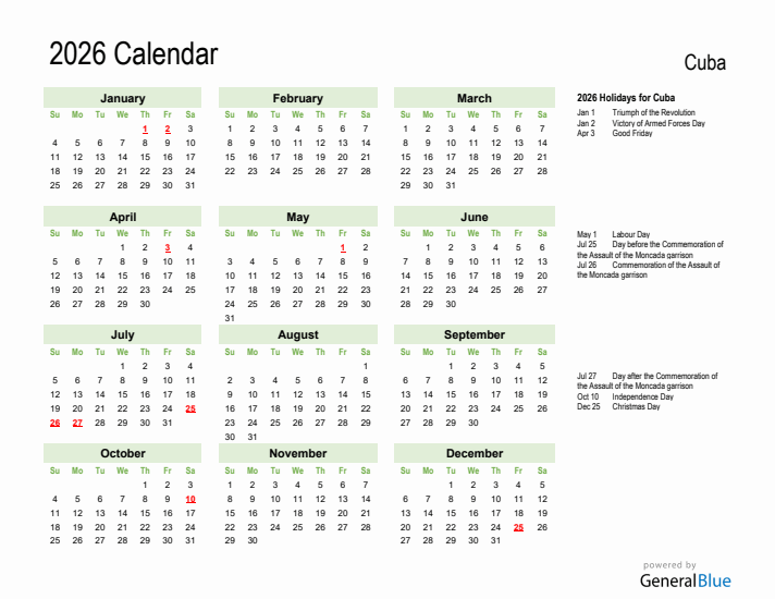 Holiday Calendar 2026 for Cuba (Sunday Start)