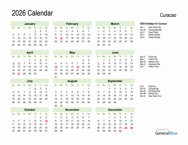 Holiday Calendar 2026 for Curacao (Sunday Start)