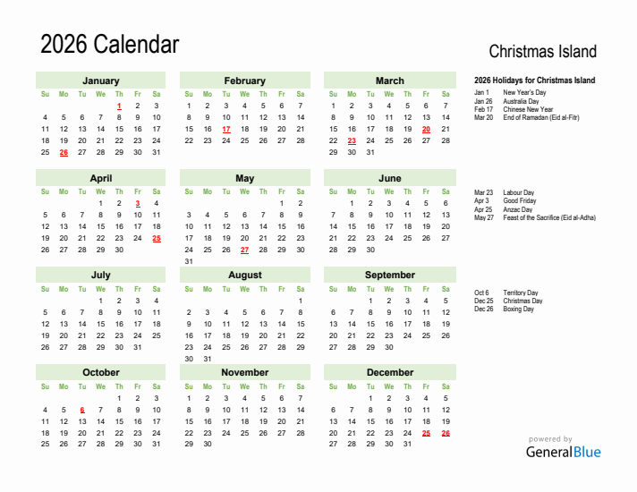 Holiday Calendar 2026 for Christmas Island (Sunday Start)