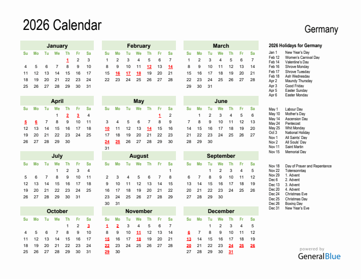 Holiday Calendar 2026 for Germany (Sunday Start)