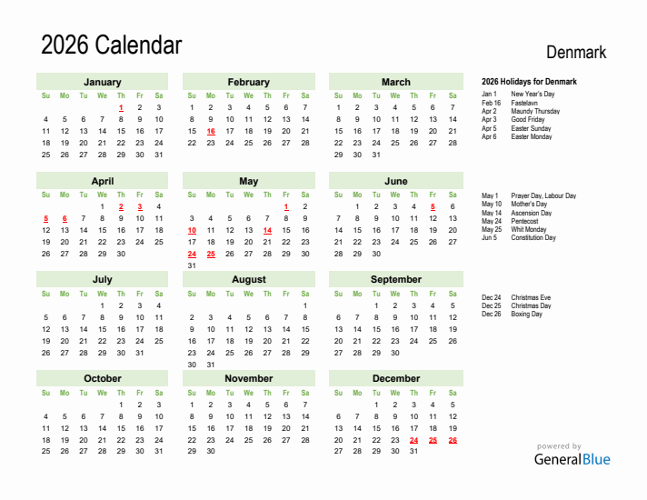 Holiday Calendar 2026 for Denmark (Sunday Start)