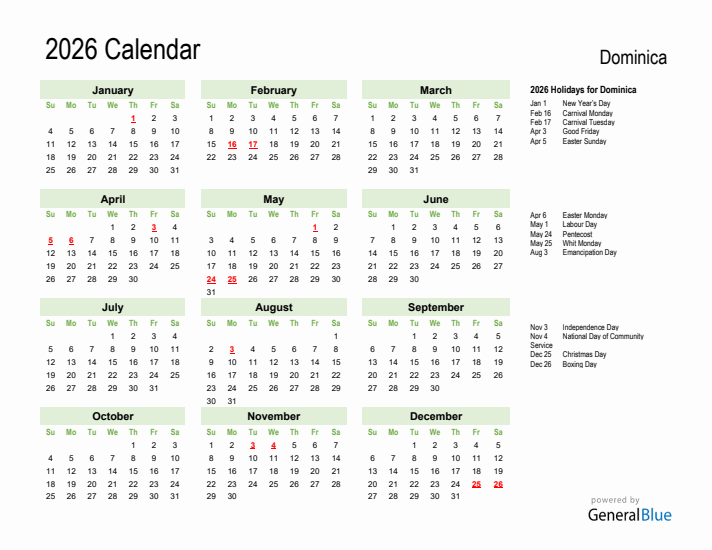 Holiday Calendar 2026 for Dominica (Sunday Start)