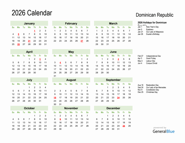 Holiday Calendar 2026 for Dominican Republic (Sunday Start)