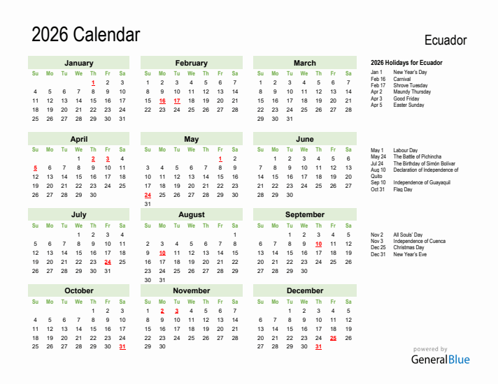 Holiday Calendar 2026 for Ecuador (Sunday Start)