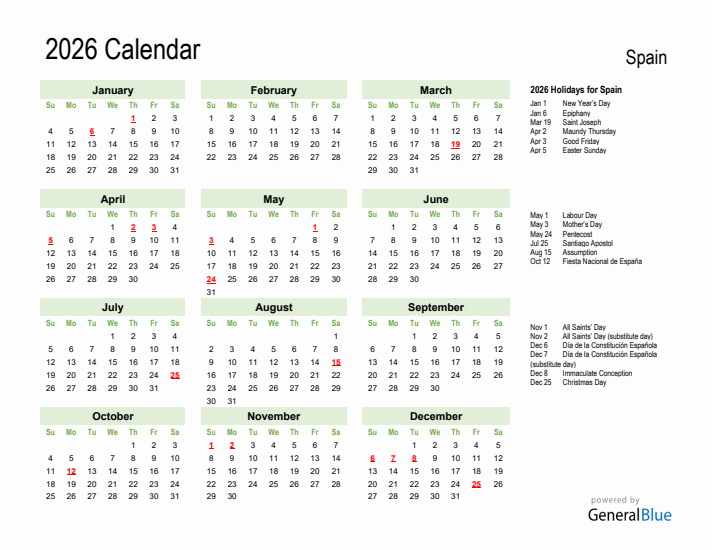 Holiday Calendar 2026 for Spain (Sunday Start)