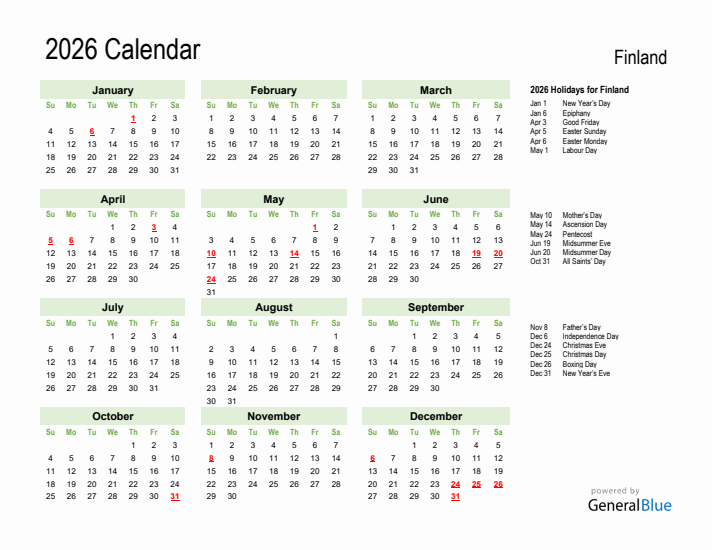 Holiday Calendar 2026 for Finland (Sunday Start)