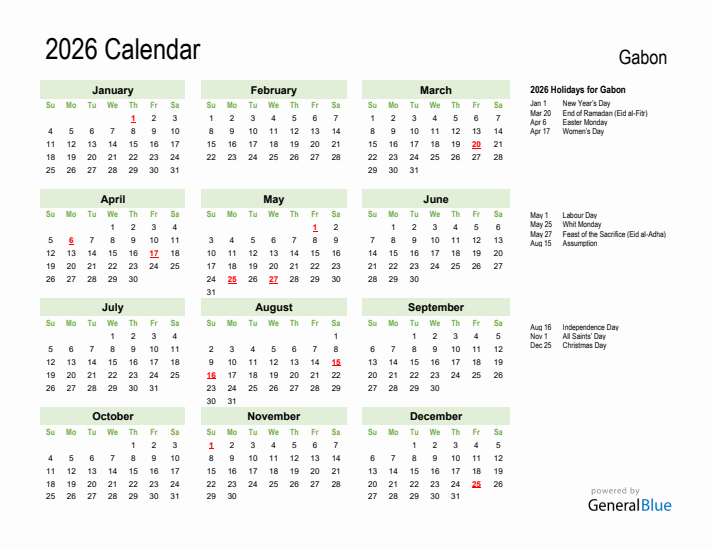 Holiday Calendar 2026 for Gabon (Sunday Start)
