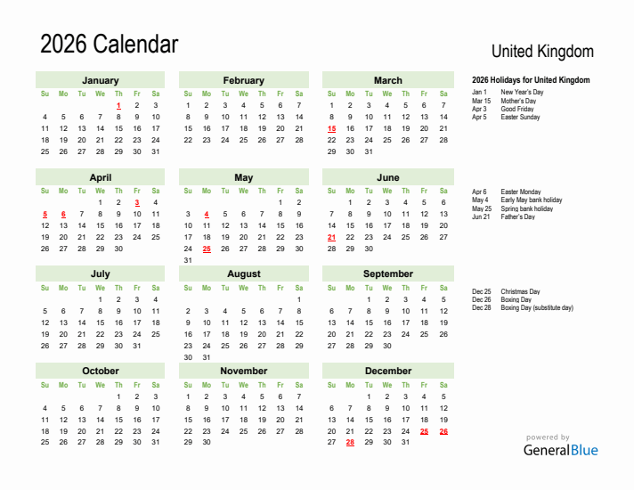 Holiday Calendar 2026 for United Kingdom (Sunday Start)