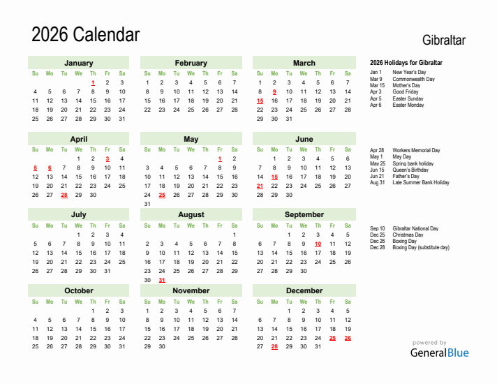 Holiday Calendar 2026 for Gibraltar (Sunday Start)