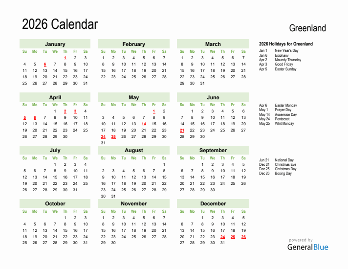 Holiday Calendar 2026 for Greenland (Sunday Start)