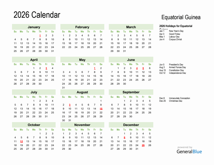 Holiday Calendar 2026 for Equatorial Guinea (Sunday Start)