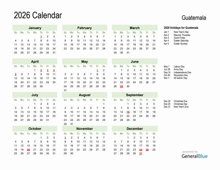 Holiday Calendar 2026 for Guatemala (Sunday Start)