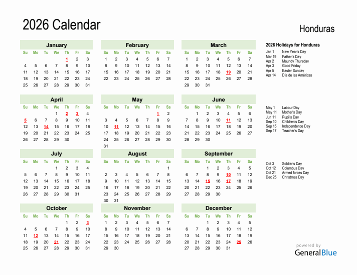 Holiday Calendar 2026 for Honduras (Sunday Start)