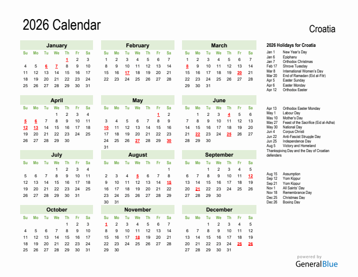 Holiday Calendar 2026 for Croatia (Sunday Start)