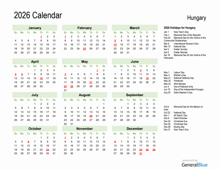 Holiday Calendar 2026 for Hungary (Sunday Start)