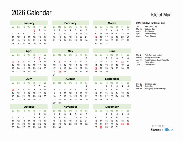 Holiday Calendar 2026 for Isle of Man (Sunday Start)