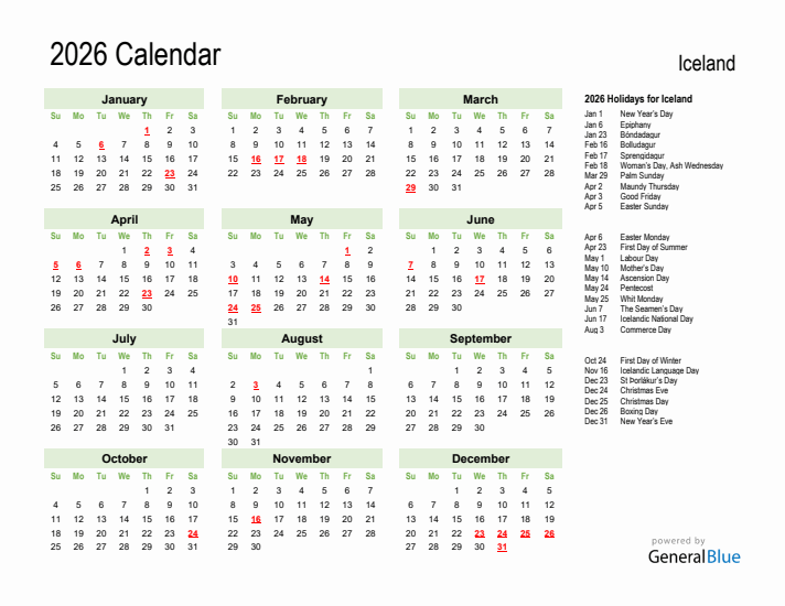 Holiday Calendar 2026 for Iceland (Sunday Start)