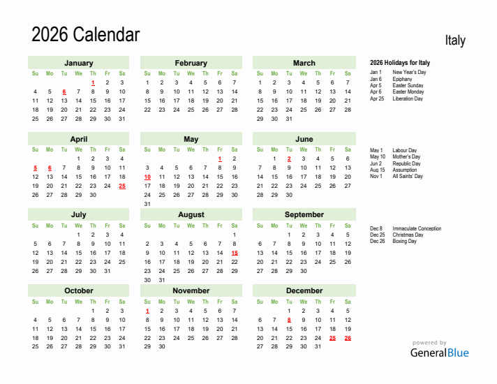 Holiday Calendar 2026 for Italy (Sunday Start)