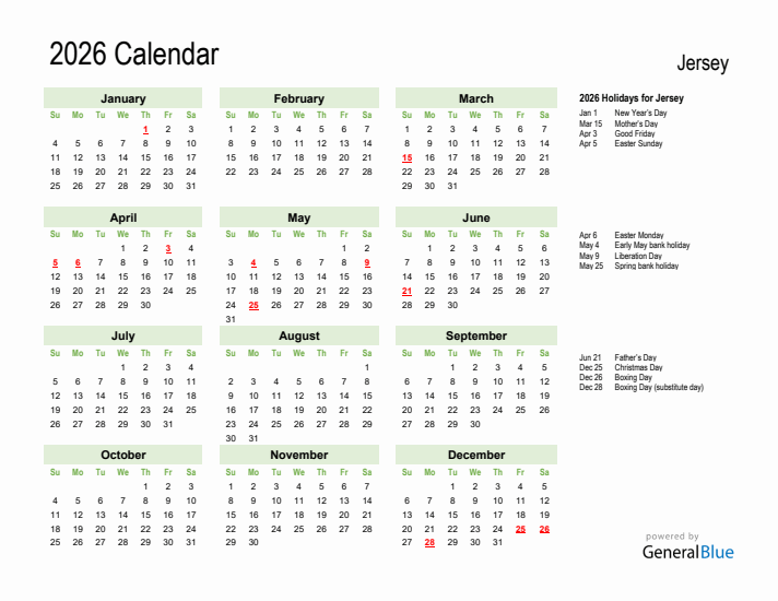Holiday Calendar 2026 for Jersey (Sunday Start)