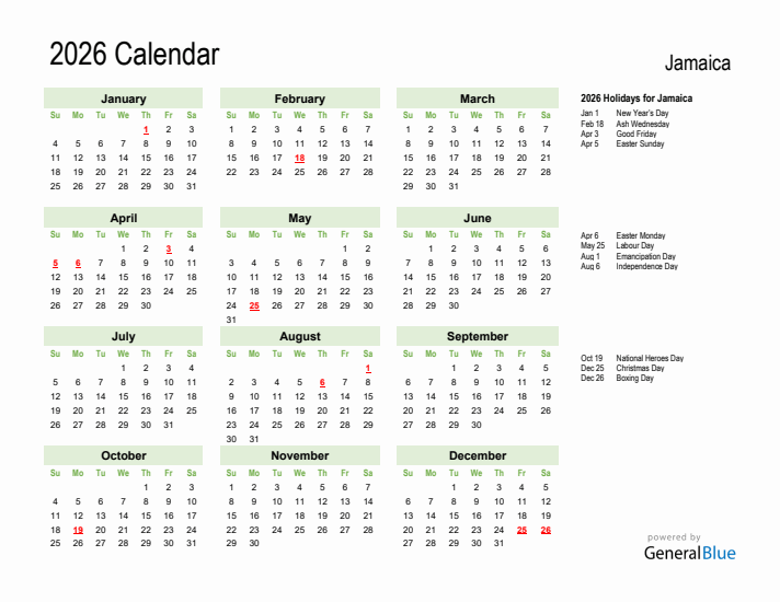 Holiday Calendar 2026 for Jamaica (Sunday Start)