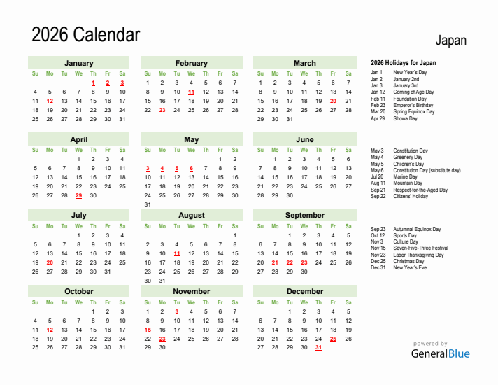 Holiday Calendar 2026 for Japan (Sunday Start)