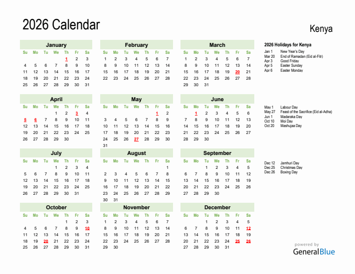 Holiday Calendar 2026 for Kenya (Sunday Start)