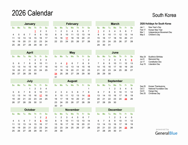Holiday Calendar 2026 for South Korea (Sunday Start)