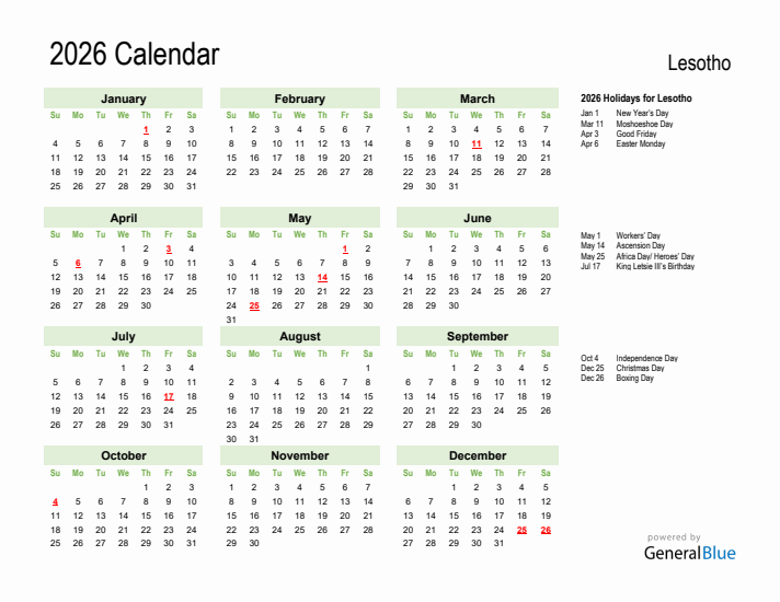 Holiday Calendar 2026 for Lesotho (Sunday Start)