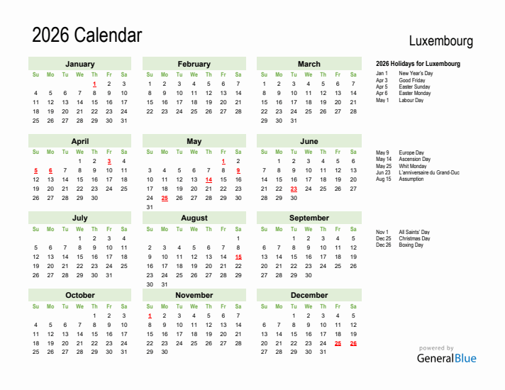 Holiday Calendar 2026 for Luxembourg (Sunday Start)