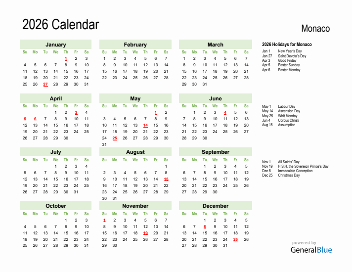 Holiday Calendar 2026 for Monaco (Sunday Start)