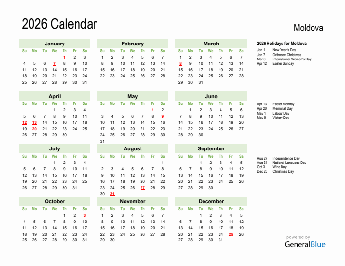 Holiday Calendar 2026 for Moldova (Sunday Start)