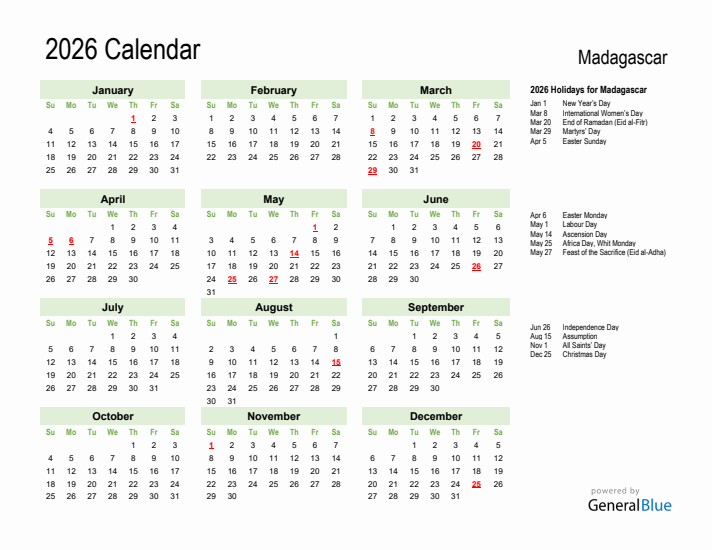 Holiday Calendar 2026 for Madagascar (Sunday Start)