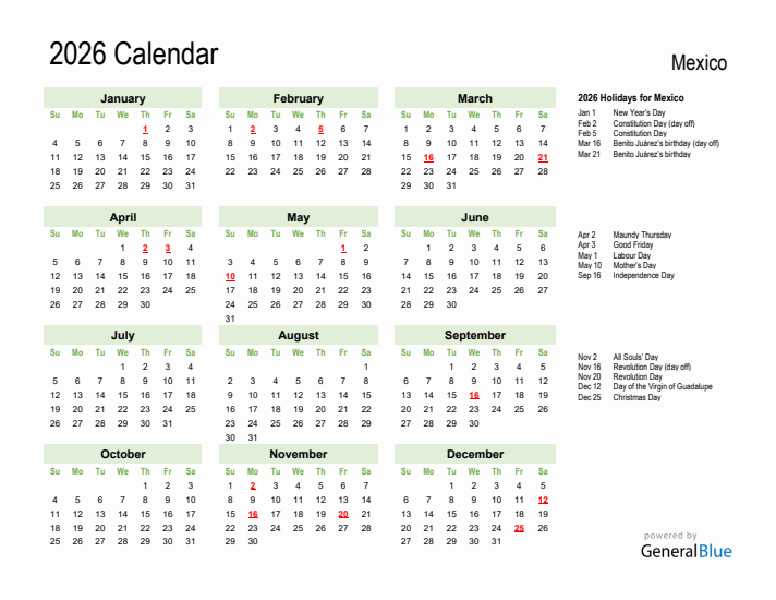 Holiday Calendar 2026 for Mexico (Sunday Start)