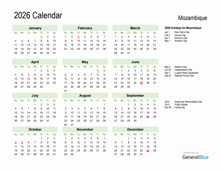 Holiday Calendar 2026 for Mozambique (Sunday Start)