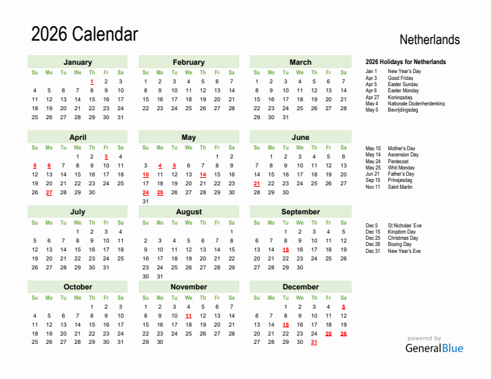 Holiday Calendar 2026 for The Netherlands (Sunday Start)