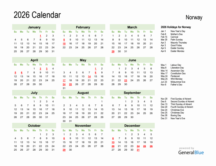 Holiday Calendar 2026 for Norway (Sunday Start)