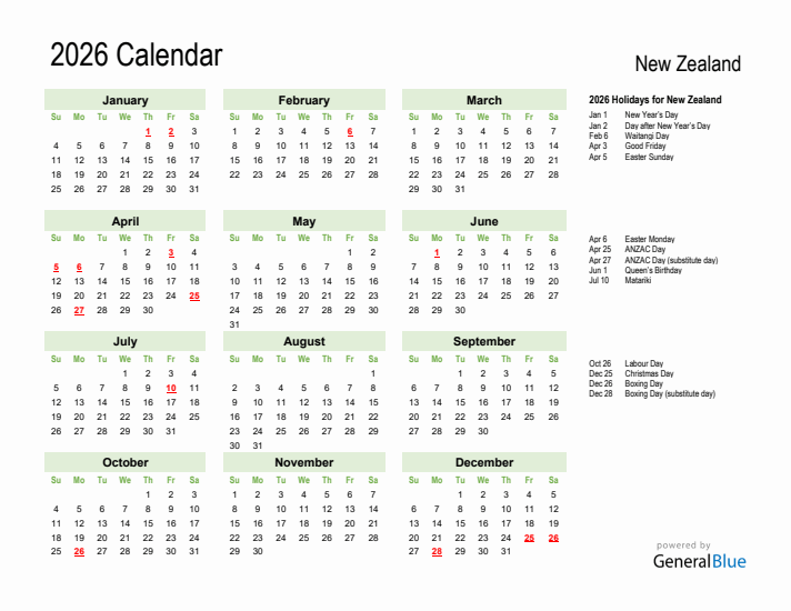 Holiday Calendar 2026 for New Zealand (Sunday Start)