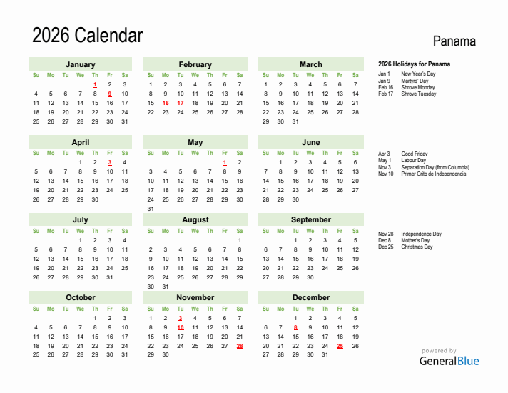 Holiday Calendar 2026 for Panama (Sunday Start)