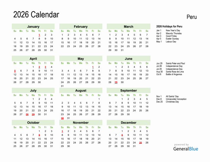 Holiday Calendar 2026 for Peru (Sunday Start)