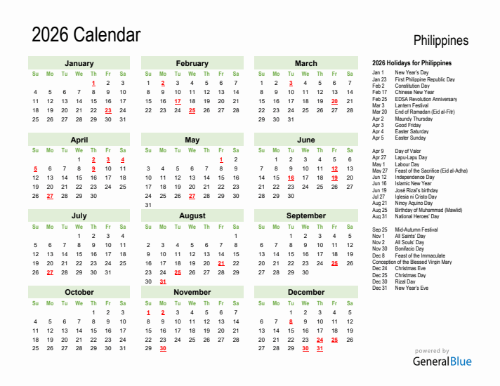 Holiday Calendar 2026 for Philippines (Sunday Start)