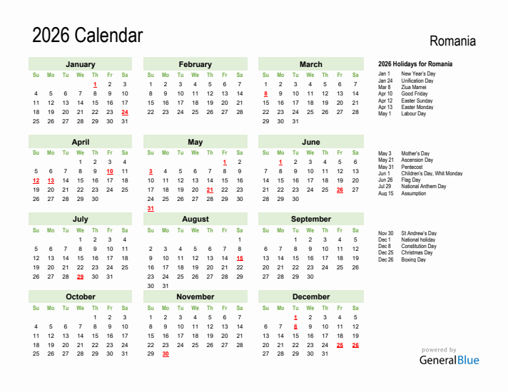 Holiday Calendar 2026 for Romania (Sunday Start)
