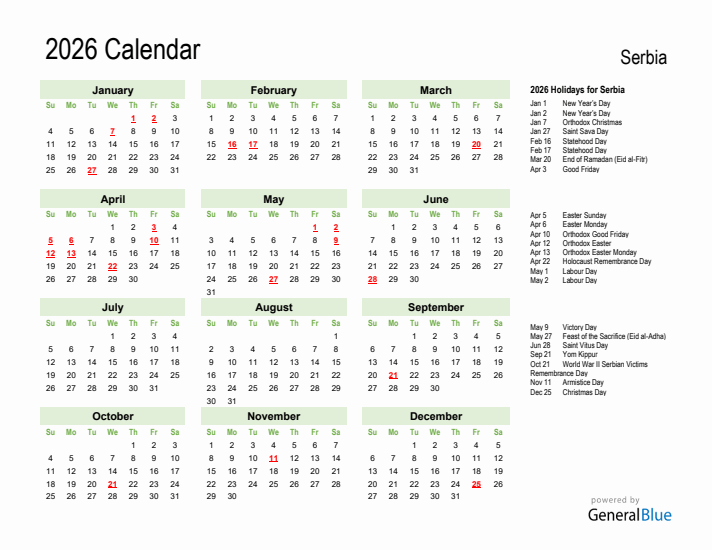 Holiday Calendar 2026 for Serbia (Sunday Start)
