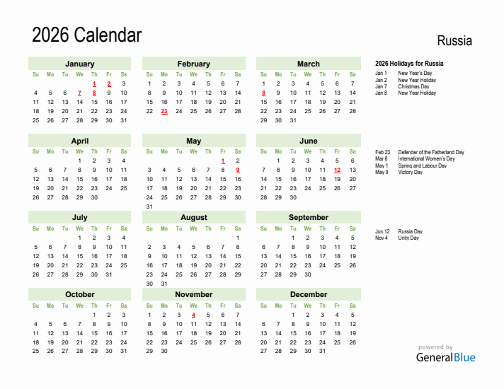 Holiday Calendar 2026 for Russia (Sunday Start)