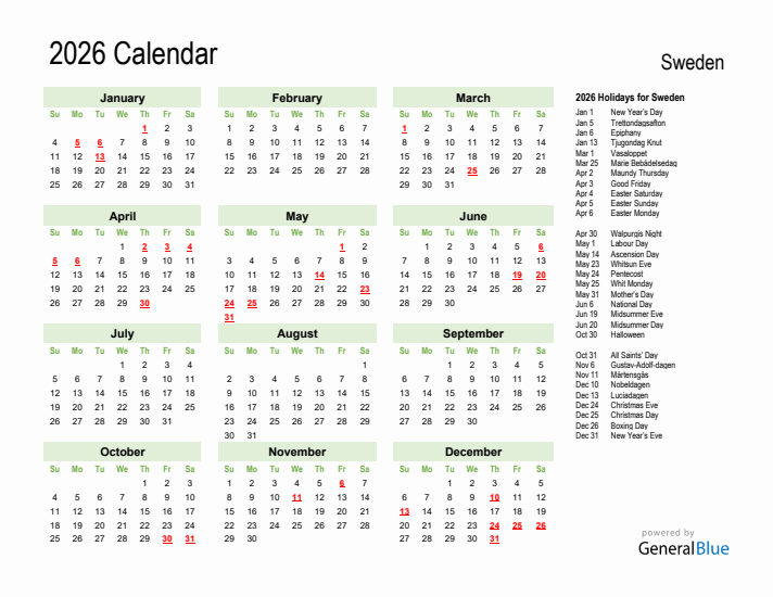 Holiday Calendar 2026 for Sweden (Sunday Start)