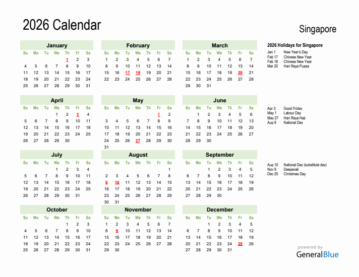 Holiday Calendar 2026 for Singapore (Sunday Start)