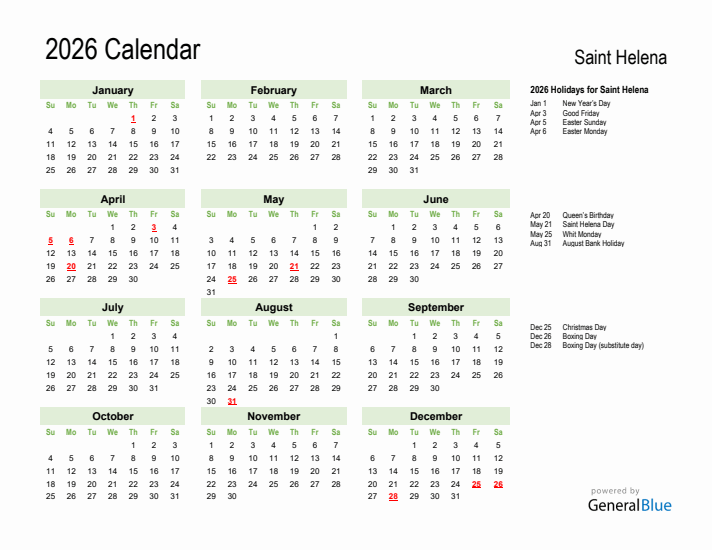 Holiday Calendar 2026 for Saint Helena (Sunday Start)