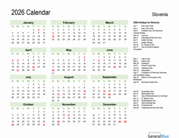 Holiday Calendar 2026 for Slovenia (Sunday Start)