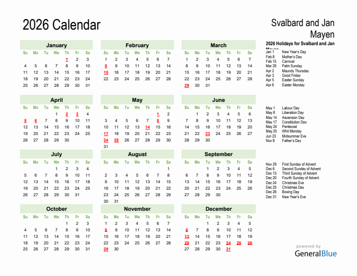 Holiday Calendar 2026 for Svalbard and Jan Mayen (Sunday Start)