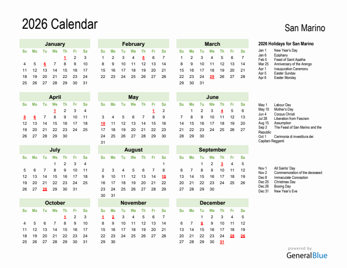 Holiday Calendar 2026 for San Marino (Sunday Start)